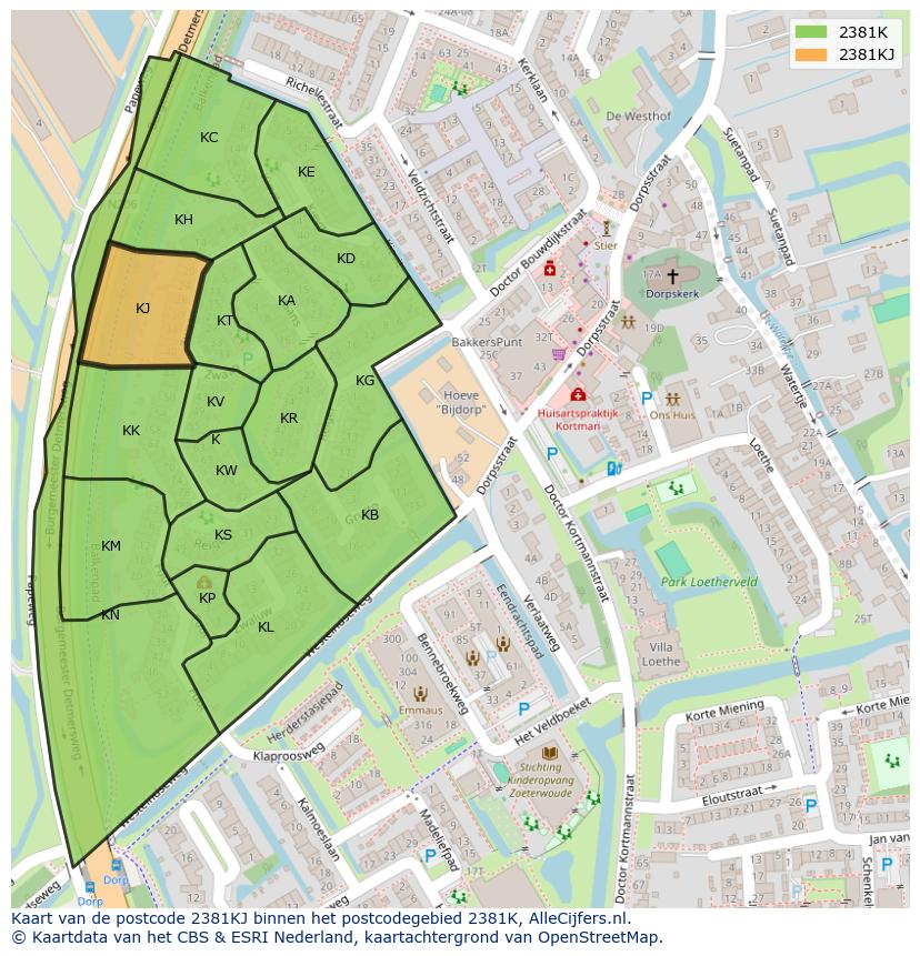 Afbeelding van het postcodegebied 2381 KJ op de kaart.