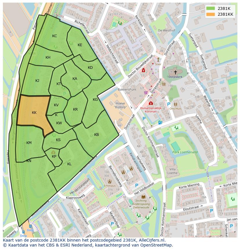 Afbeelding van het postcodegebied 2381 KK op de kaart.