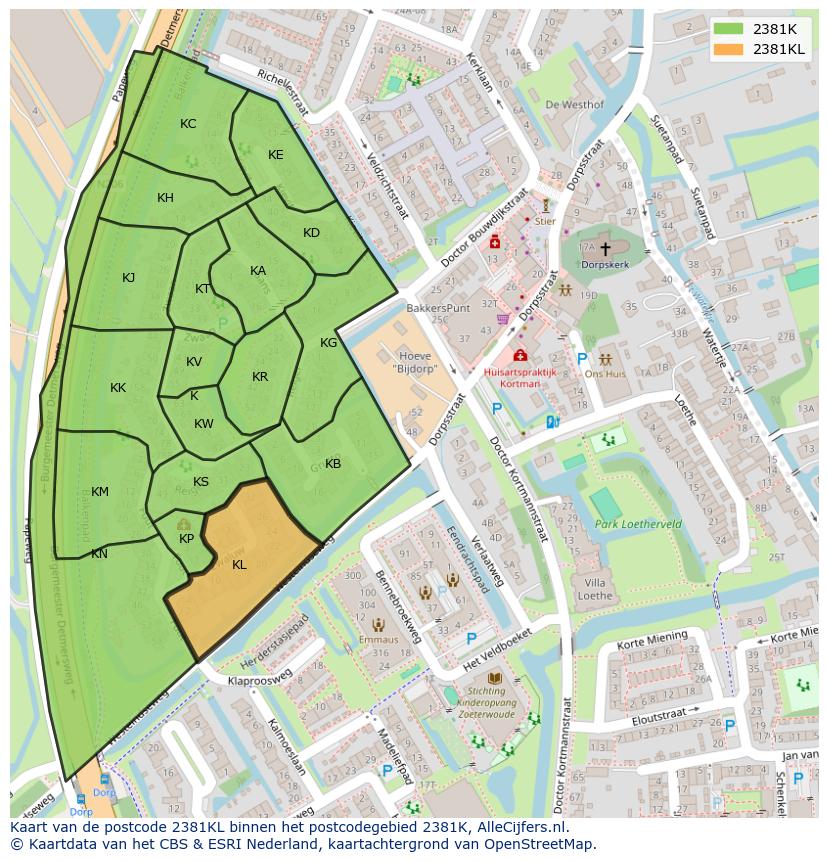 Afbeelding van het postcodegebied 2381 KL op de kaart.