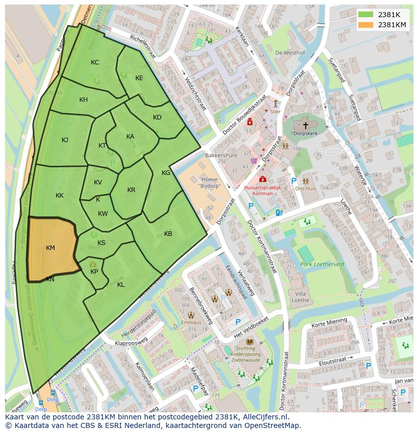 Afbeelding van het postcodegebied 2381 KM op de kaart.