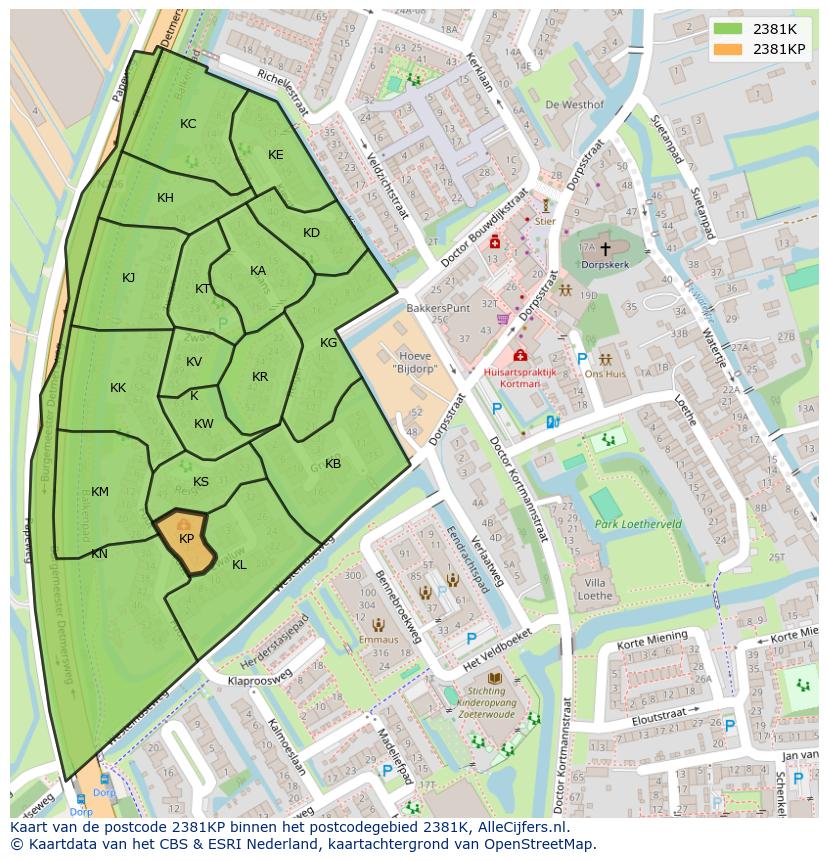 Afbeelding van het postcodegebied 2381 KP op de kaart.