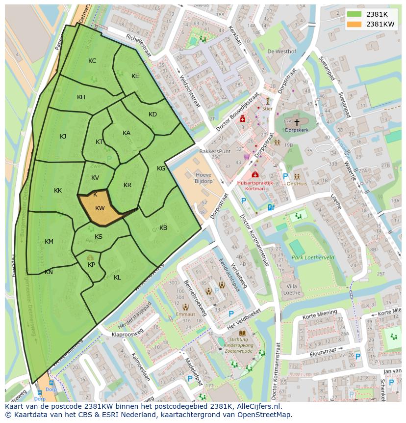 Afbeelding van het postcodegebied 2381 KW op de kaart.