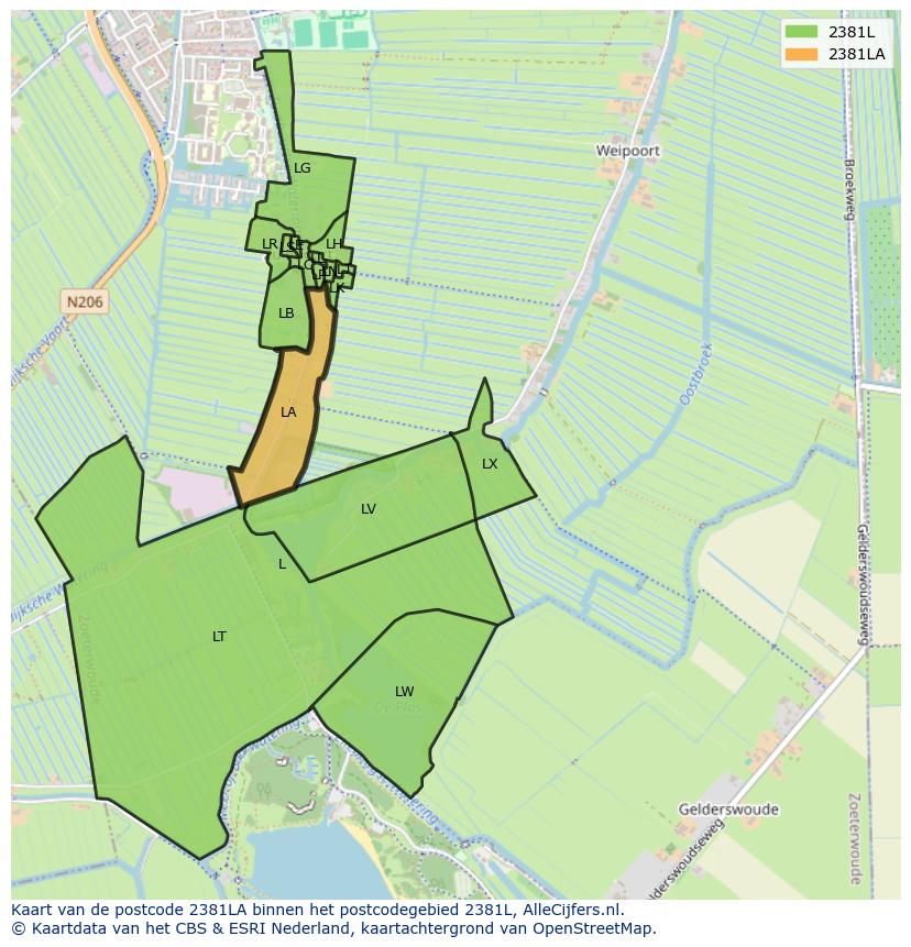 Afbeelding van het postcodegebied 2381 LA op de kaart.