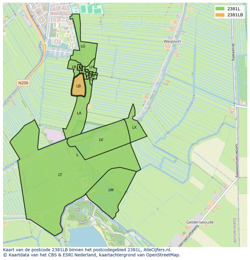 Afbeelding van het postcodegebied 2381 LB op de kaart.