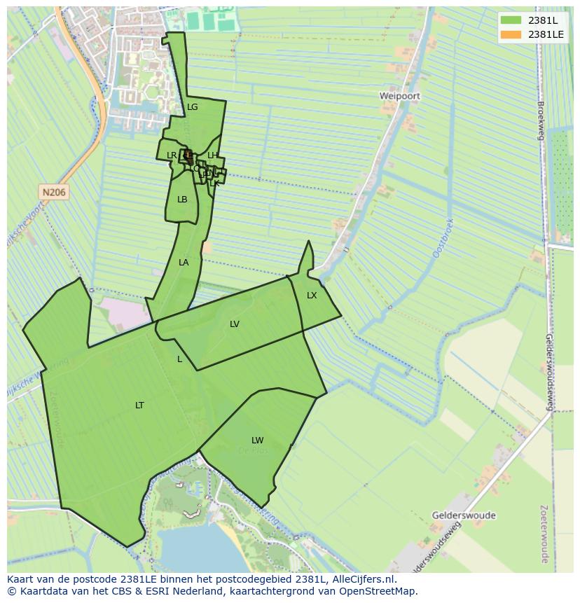 Afbeelding van het postcodegebied 2381 LE op de kaart.
