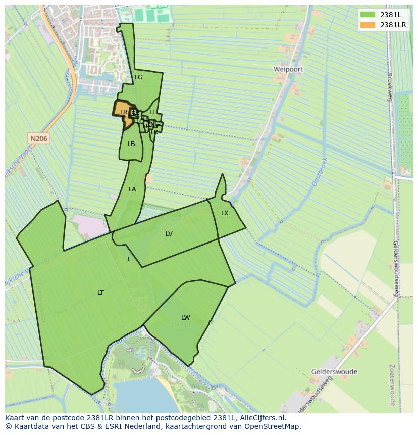 Afbeelding van het postcodegebied 2381 LR op de kaart.