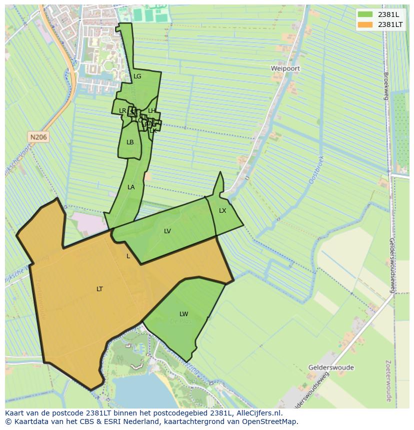 Afbeelding van het postcodegebied 2381 LT op de kaart.