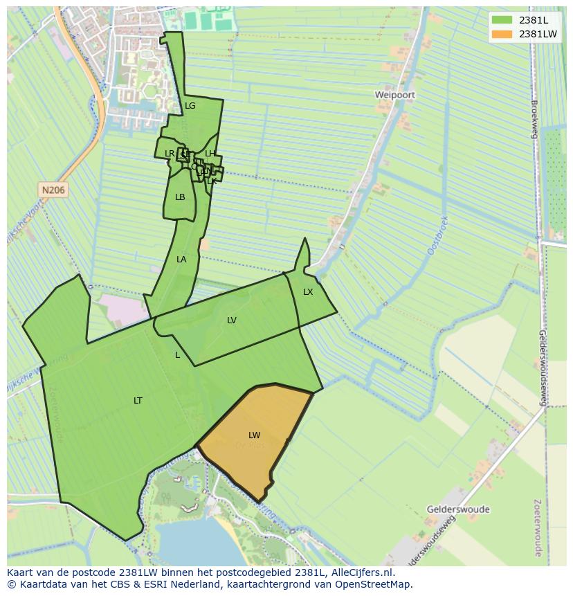 Afbeelding van het postcodegebied 2381 LW op de kaart.