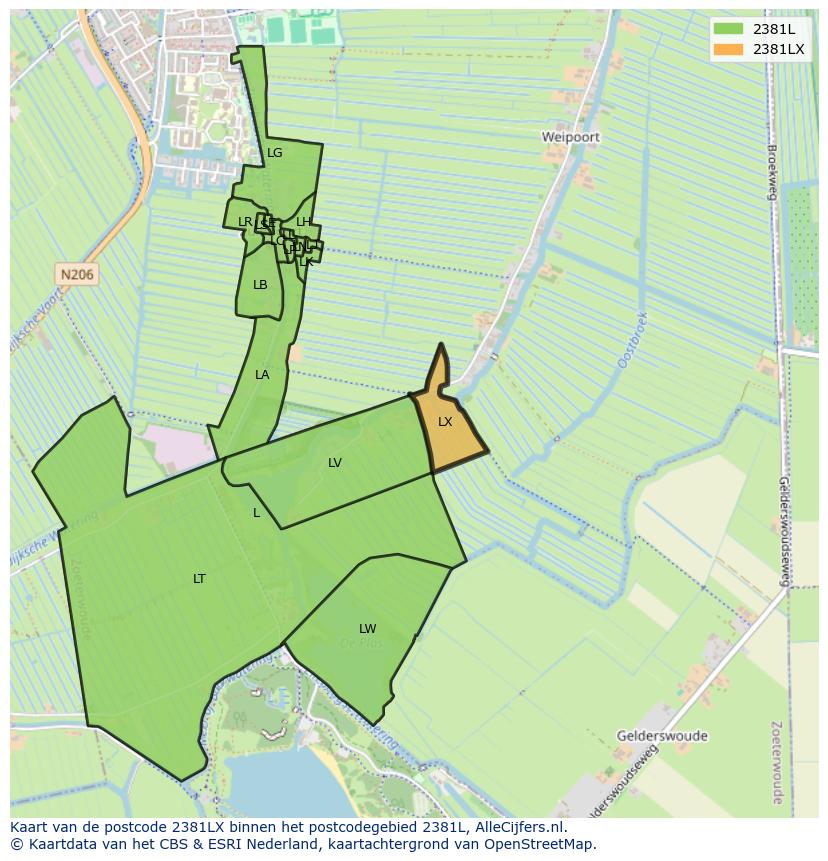 Afbeelding van het postcodegebied 2381 LX op de kaart.