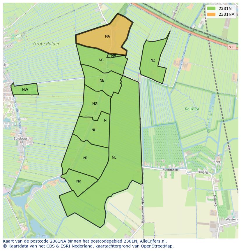 Afbeelding van het postcodegebied 2381 NA op de kaart.