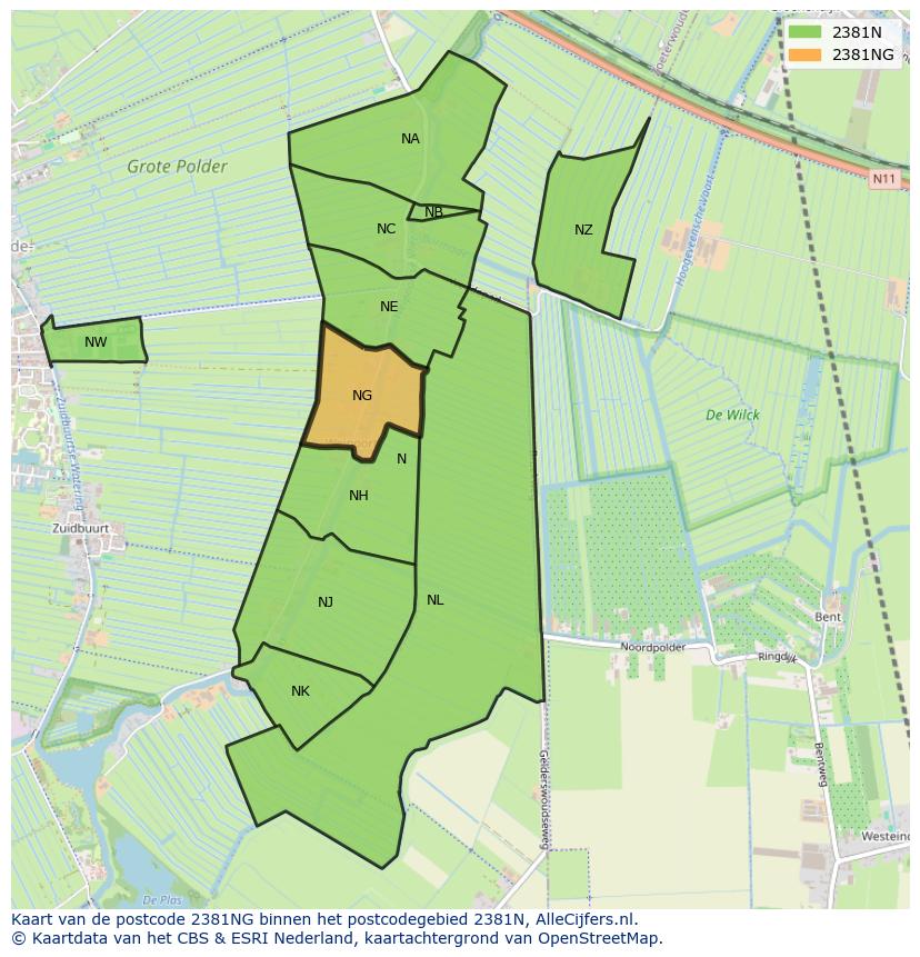 Afbeelding van het postcodegebied 2381 NG op de kaart.
