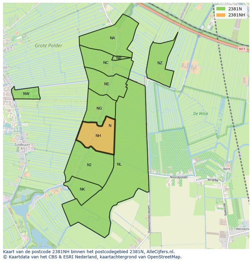 Afbeelding van het postcodegebied 2381 NH op de kaart.