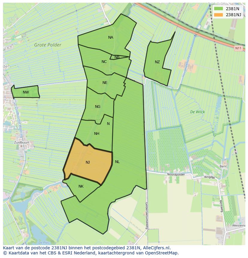 Afbeelding van het postcodegebied 2381 NJ op de kaart.