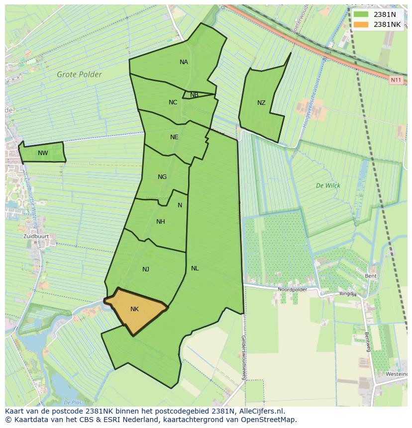 Afbeelding van het postcodegebied 2381 NK op de kaart.