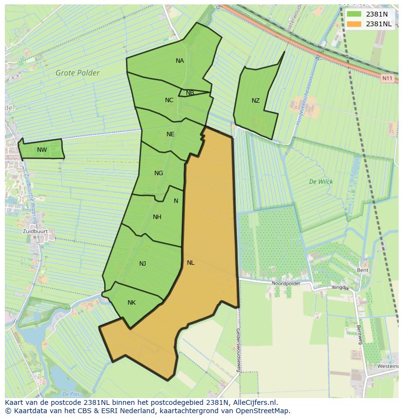 Afbeelding van het postcodegebied 2381 NL op de kaart.