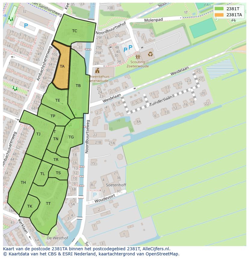 Afbeelding van het postcodegebied 2381 TA op de kaart.