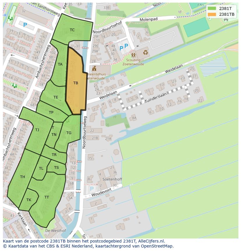 Afbeelding van het postcodegebied 2381 TB op de kaart.