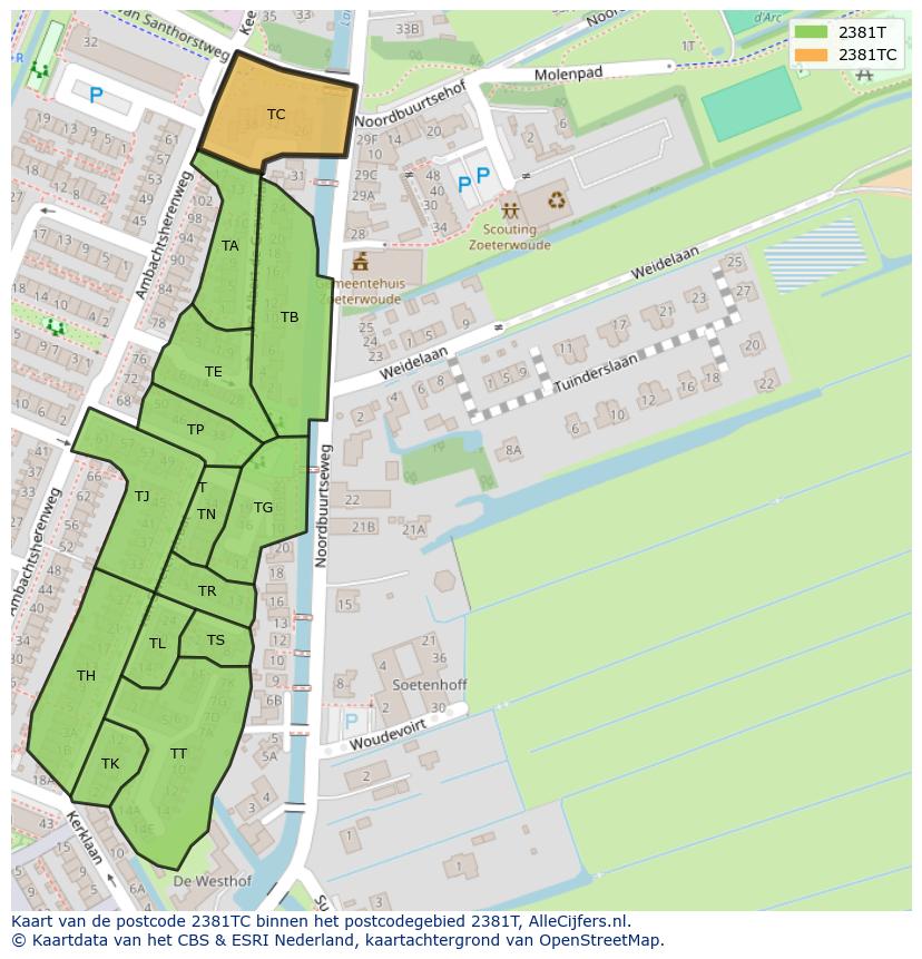 Afbeelding van het postcodegebied 2381 TC op de kaart.