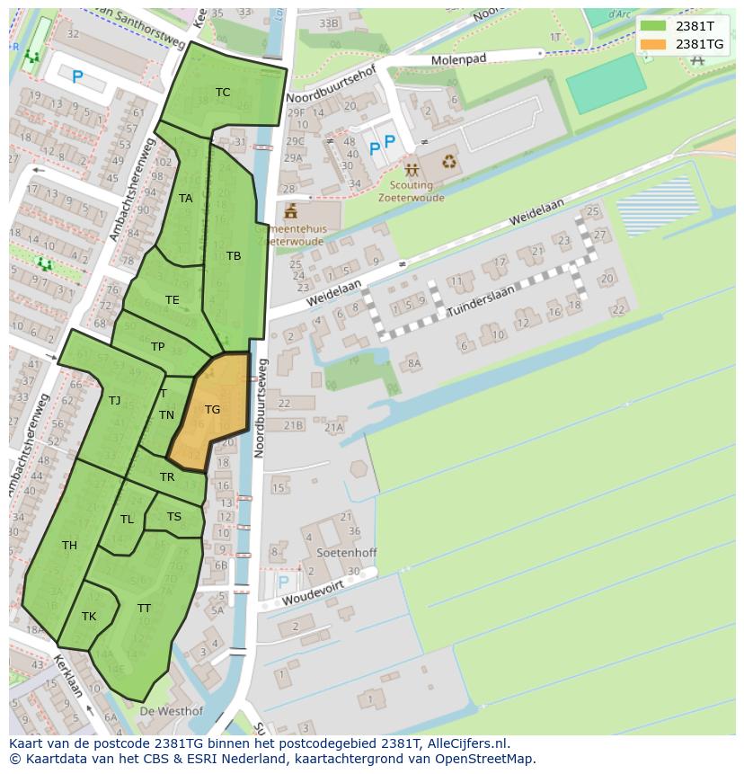 Afbeelding van het postcodegebied 2381 TG op de kaart.