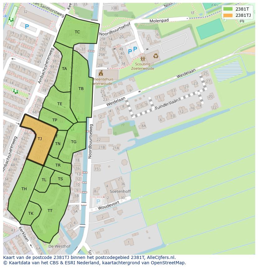 Afbeelding van het postcodegebied 2381 TJ op de kaart.