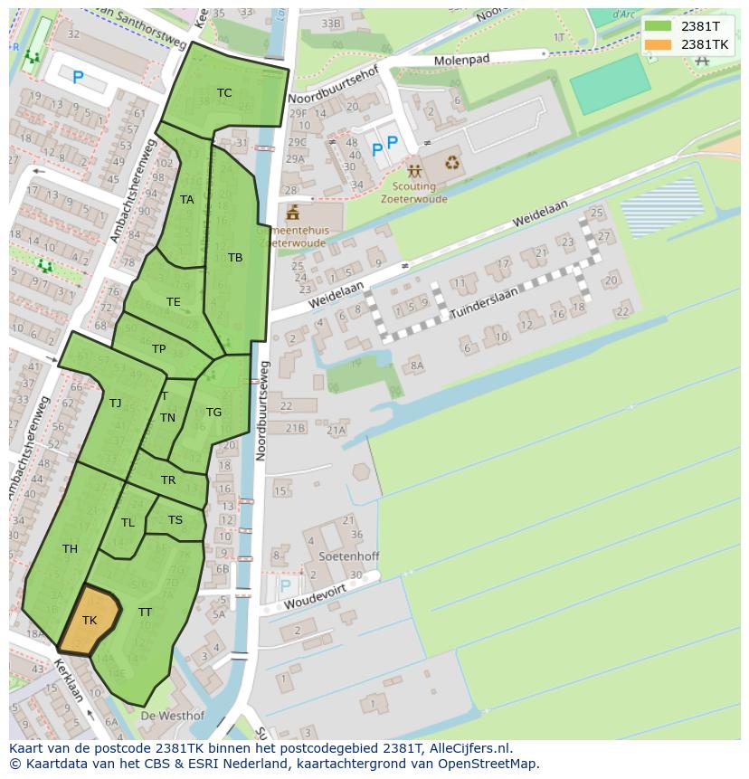 Afbeelding van het postcodegebied 2381 TK op de kaart.