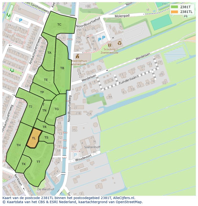 Afbeelding van het postcodegebied 2381 TL op de kaart.