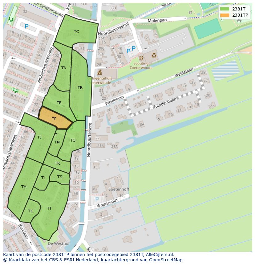 Afbeelding van het postcodegebied 2381 TP op de kaart.