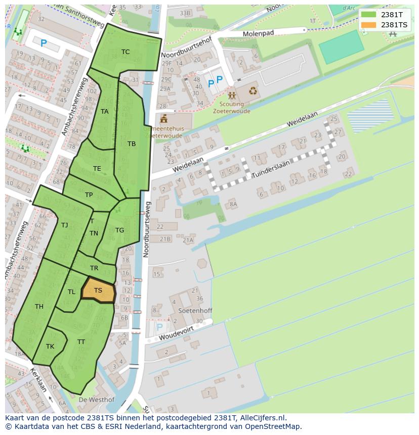 Afbeelding van het postcodegebied 2381 TS op de kaart.