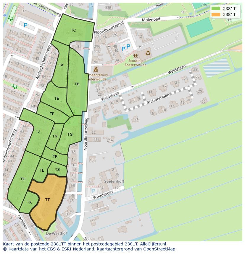 Afbeelding van het postcodegebied 2381 TT op de kaart.
