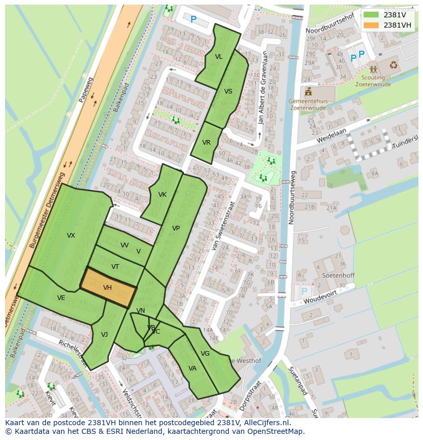 Afbeelding van het postcodegebied 2381 VH op de kaart.