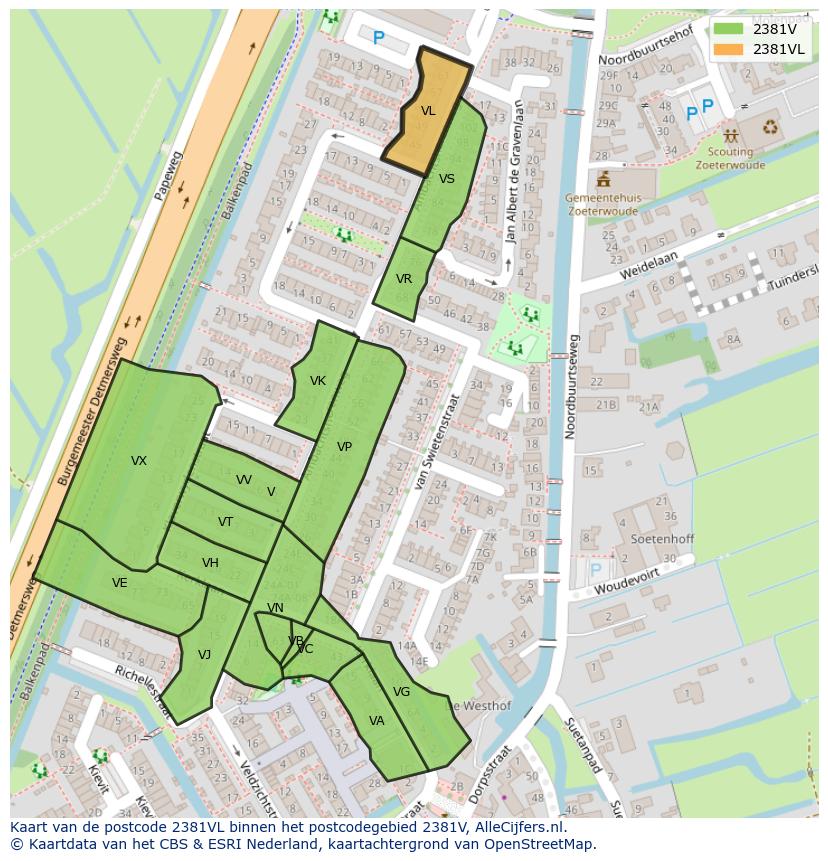 Afbeelding van het postcodegebied 2381 VL op de kaart.