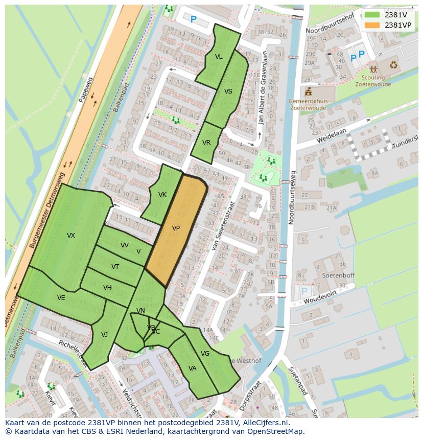 Afbeelding van het postcodegebied 2381 VP op de kaart.