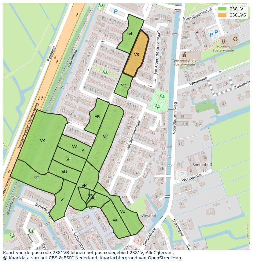 Afbeelding van het postcodegebied 2381 VS op de kaart.