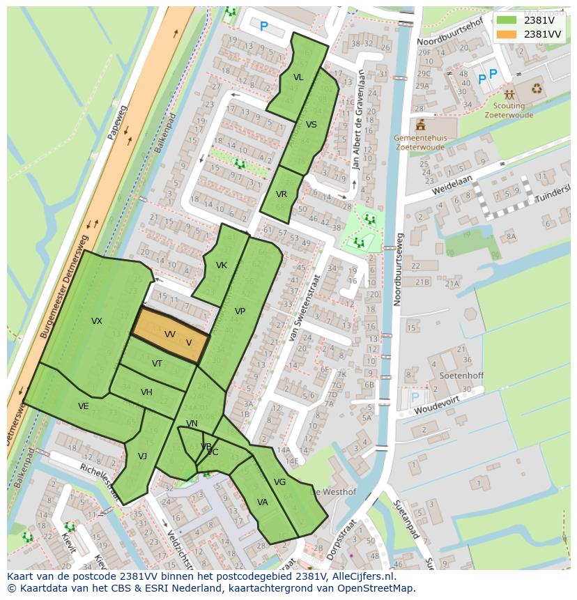 Afbeelding van het postcodegebied 2381 VV op de kaart.