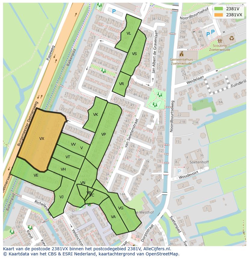 Afbeelding van het postcodegebied 2381 VX op de kaart.