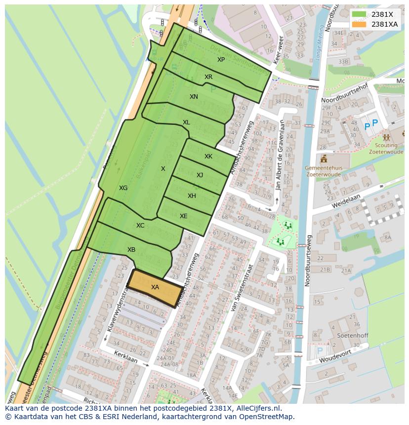 Afbeelding van het postcodegebied 2381 XA op de kaart.