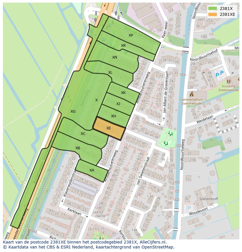 Afbeelding van het postcodegebied 2381 XE op de kaart.