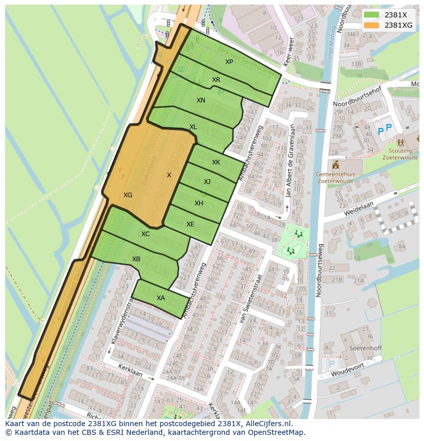 Afbeelding van het postcodegebied 2381 XG op de kaart.