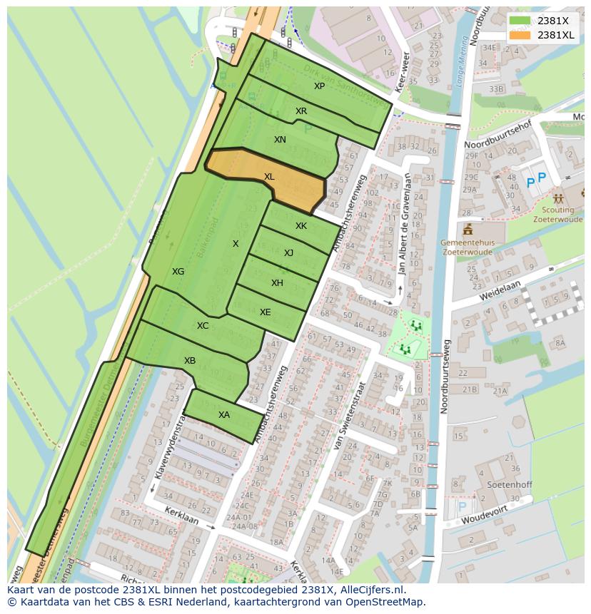 Afbeelding van het postcodegebied 2381 XL op de kaart.