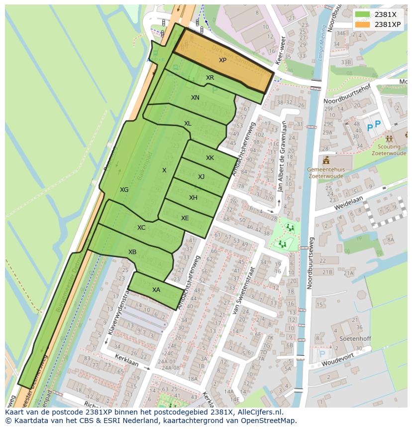 Afbeelding van het postcodegebied 2381 XP op de kaart.