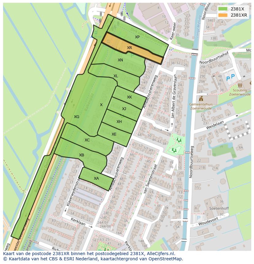 Afbeelding van het postcodegebied 2381 XR op de kaart.