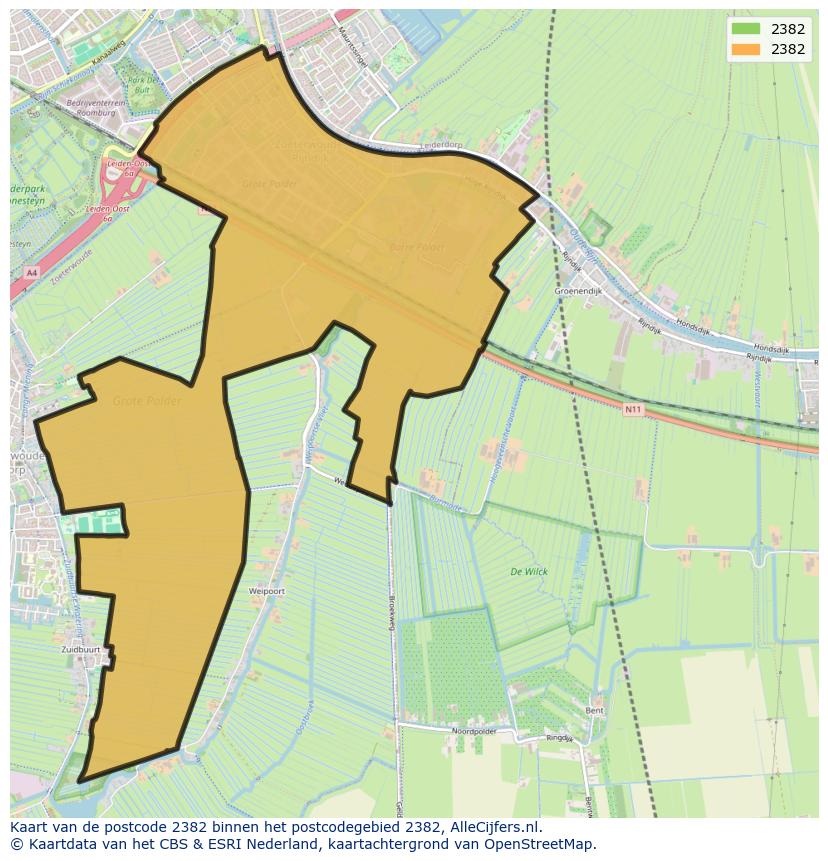 Afbeelding van het postcodegebied 2382 op de kaart.