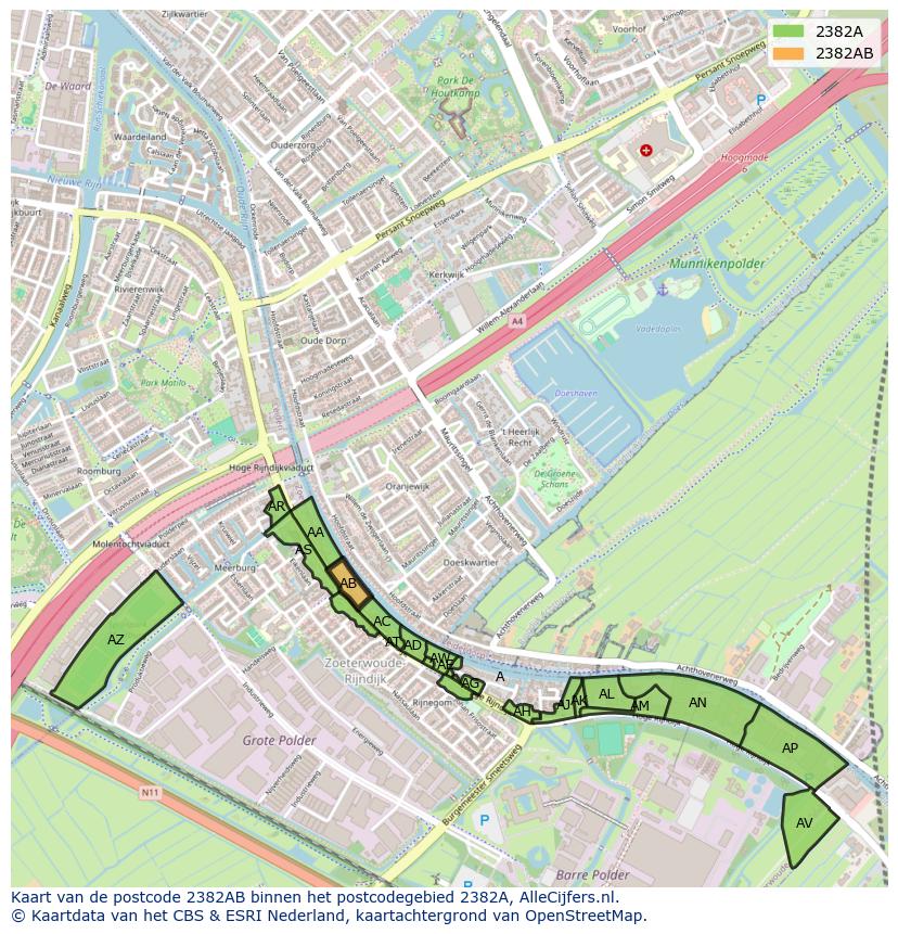 Afbeelding van het postcodegebied 2382 AB op de kaart.