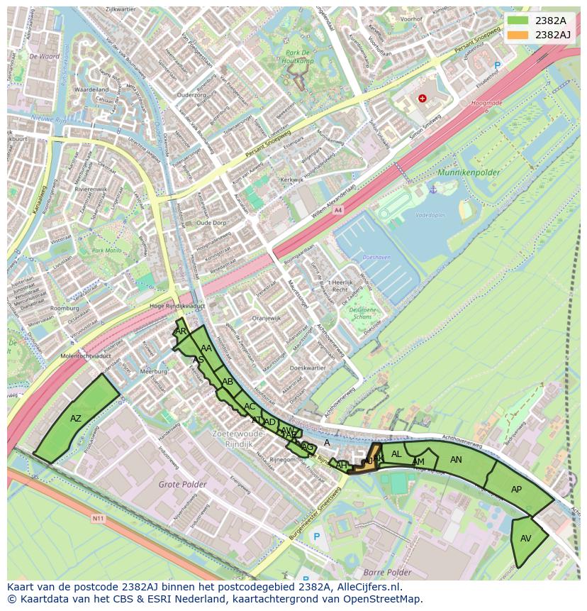 Afbeelding van het postcodegebied 2382 AJ op de kaart.