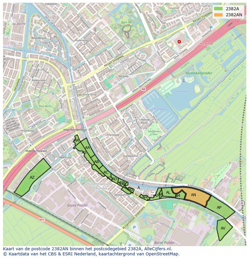 Afbeelding van het postcodegebied 2382 AN op de kaart.