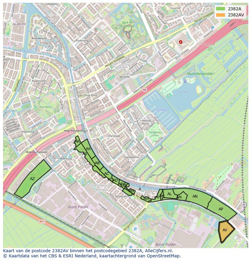 Afbeelding van het postcodegebied 2382 AV op de kaart.