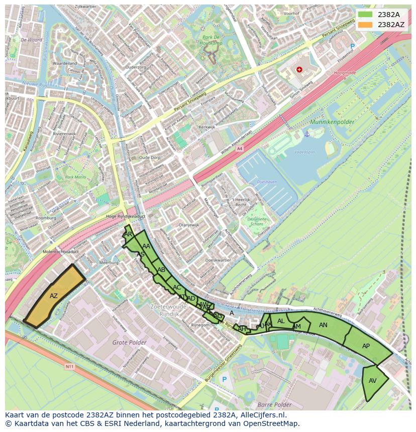 Afbeelding van het postcodegebied 2382 AZ op de kaart.