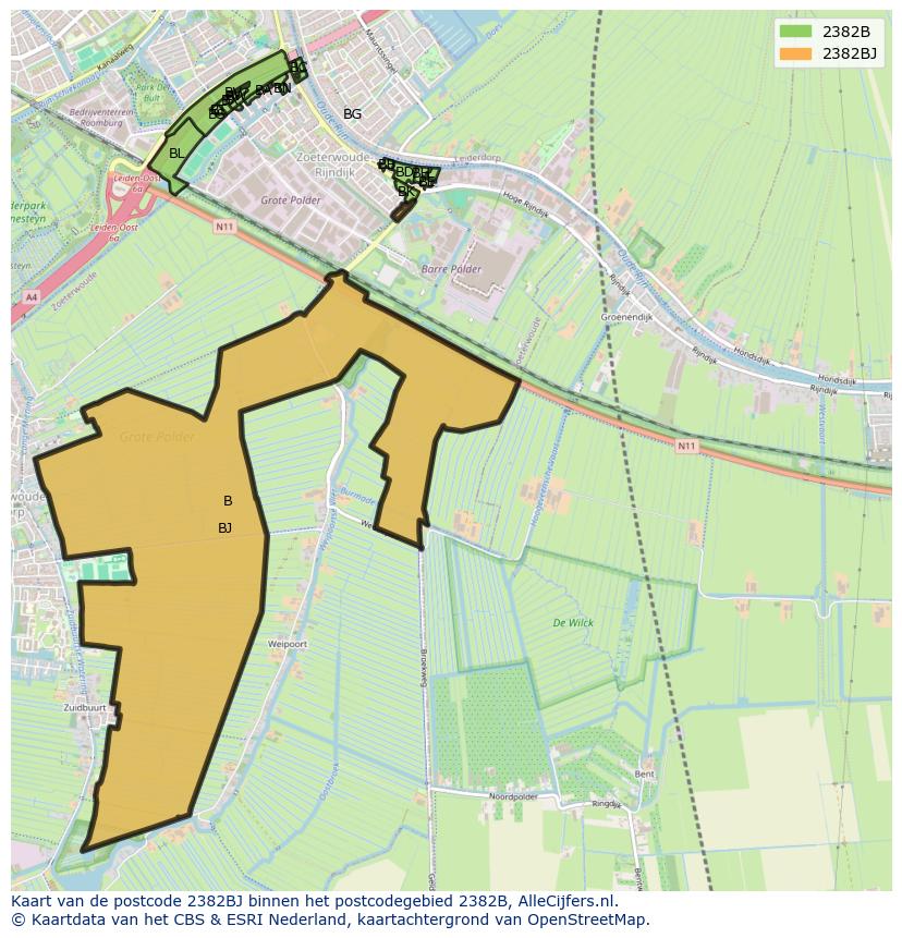 Afbeelding van het postcodegebied 2382 BJ op de kaart.