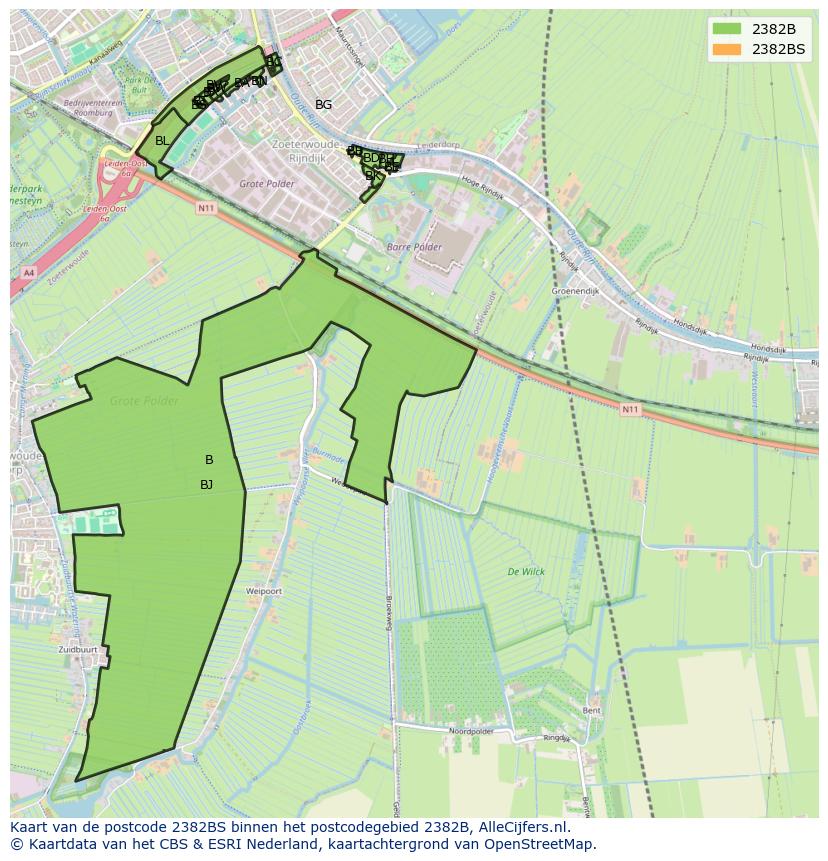 Afbeelding van het postcodegebied 2382 BS op de kaart.