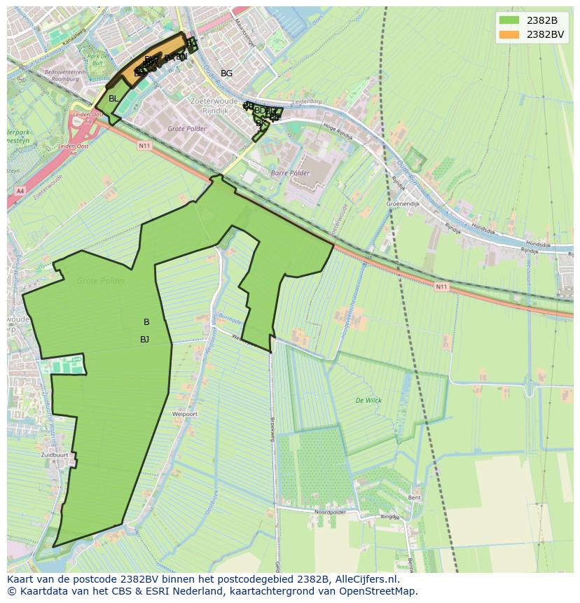 Afbeelding van het postcodegebied 2382 BV op de kaart.